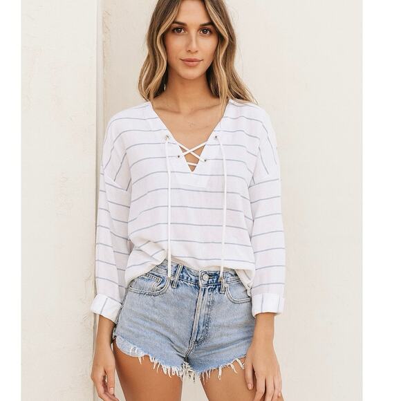 Rails Lily Pistano Lace Up White Blue Stripe Linen Blend Long Sleeve Top size S - Picture 1 of 13